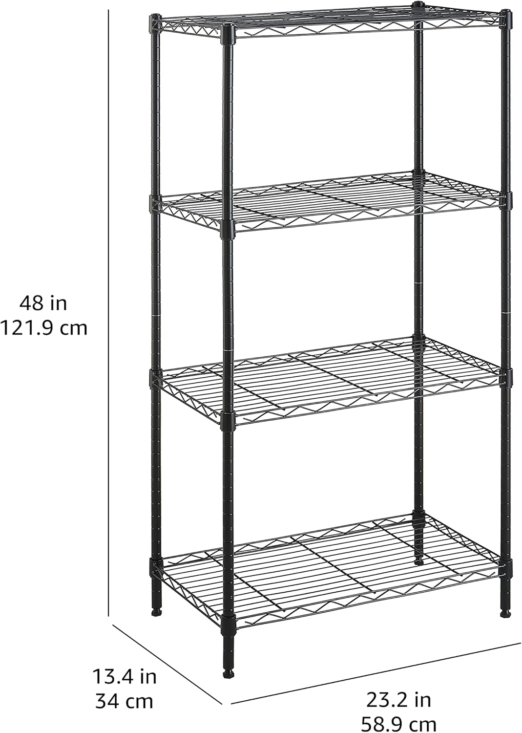 4-Shelf Steel Wire Storage Rack, Adjustable and Sturdy, Easy Assembly, 13.4" D x 23.2" W x 48" H, Black