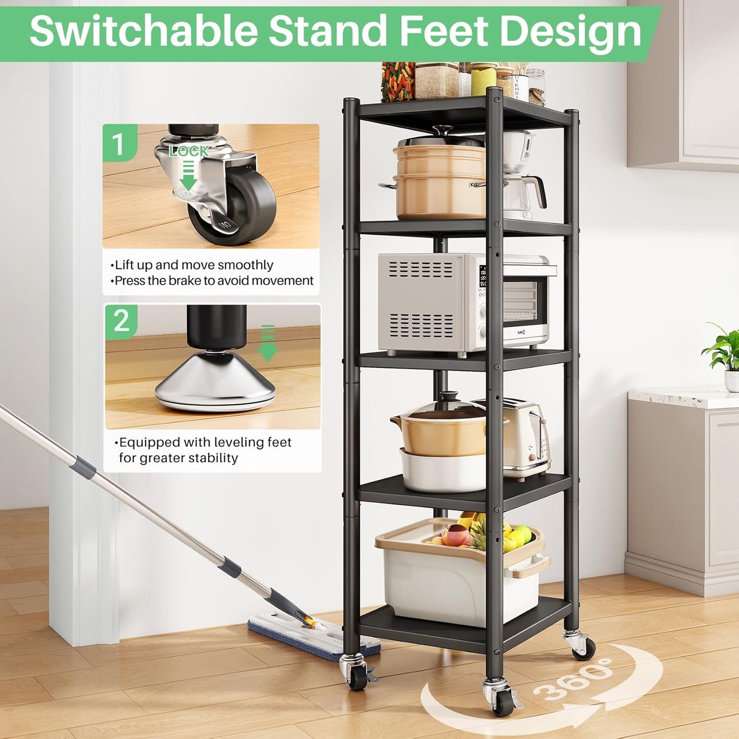 5-Tier Adjustable Kitchen Storage Shelves with Rolling Wheels, Metal Rack Organizer for Pantry, Bedroom, Laundry, Closet