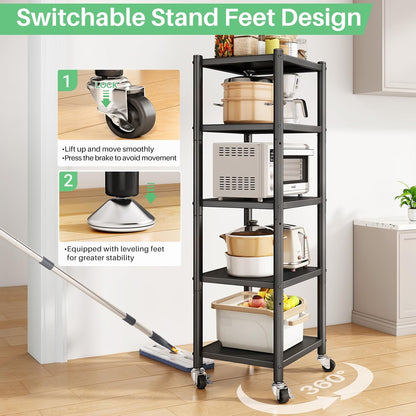 5-Tier Adjustable Kitchen Storage Shelves with Rolling Wheels, Metal Rack Organizer for Pantry, Bedroom, Laundry, Closet