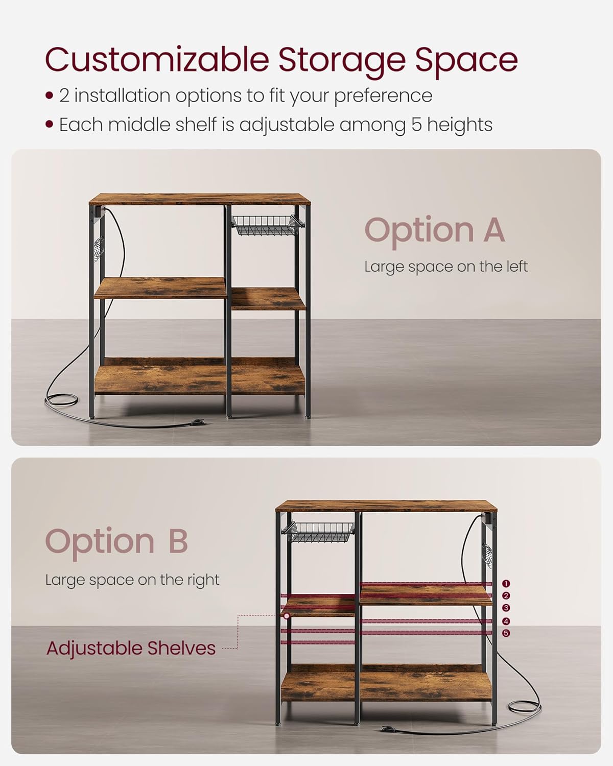 Baker's Rack Coffee Bar Stand with Charging Station, Storage Shelves, Pull-Out Wire Basket, Microwave Table, Kitchen, 15.7x35.4x35.6 Inches, Rustic Brown