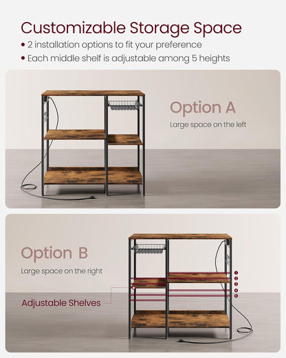 Baker's Rack Coffee Bar Stand with Charging Station, Storage Shelves, Pull-Out Wire Basket, Microwave Table, Kitchen, 15.7x35.4x35.6 Inches, Rustic Brown