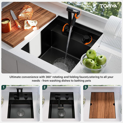 15x18x9-Inch Undermount Bar Kitchen Sink, 16-Gauge Stainless Steel Single Bowl Workstation with Faucet and Cutting Board, Dark Grey