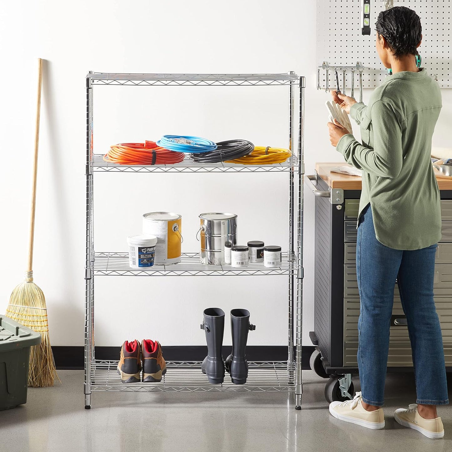 4-Shelf Adjustable Heavy-Duty Steel Wire Storage Rack, Organizer for Kitchen or Garage, 36" L x 14" W x 54" H, Chrome Silver