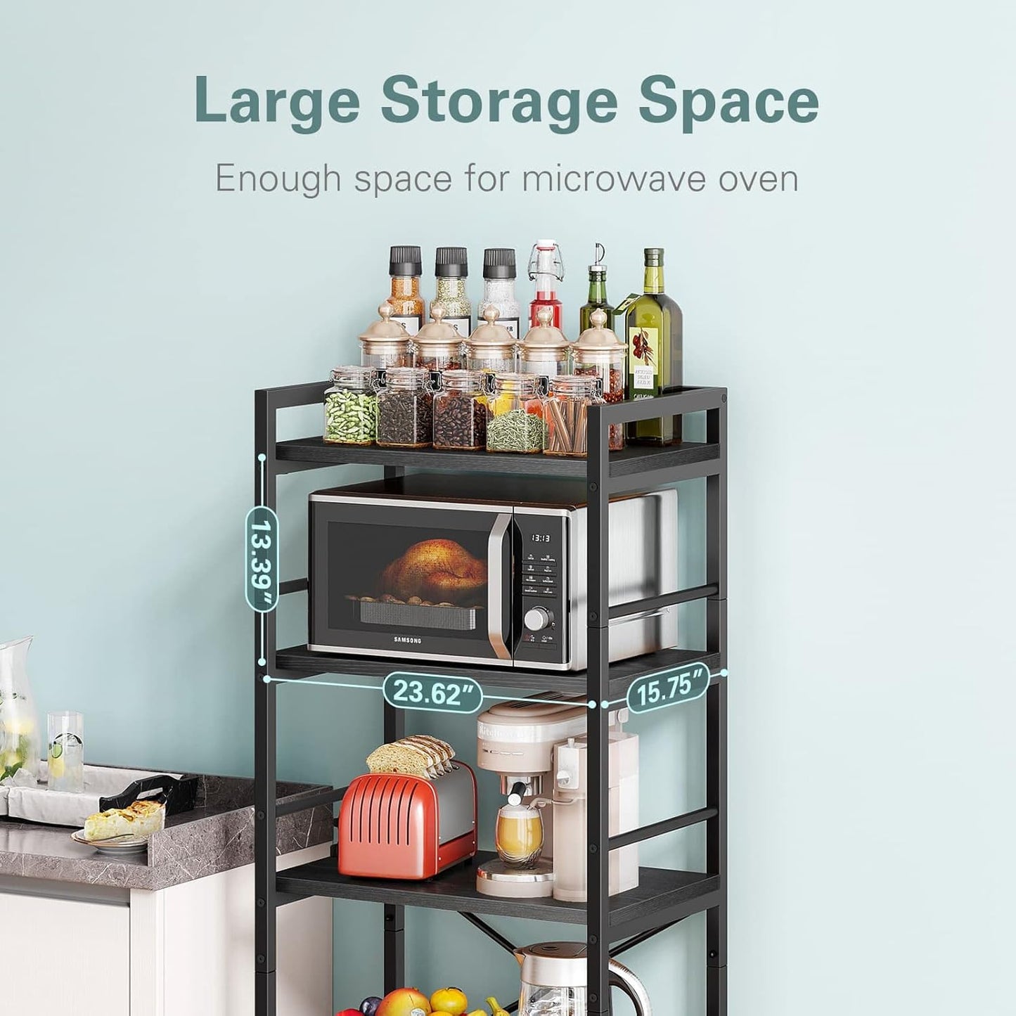 5-Tier Bakers Rack, Industrial Microwave Stand, Coffee Bar, Kitchen Storage Shelf, 23.62x15.75x60.24", Black