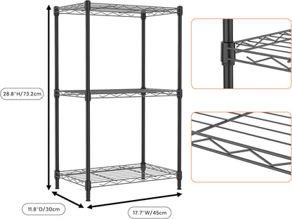 3-Tier Metal Storage Shelves with Wheels, Wire Rack Closet Organizer for Garage, Kitchen, Bathroom, Laundry, 11.8x17.7x28.8", Black