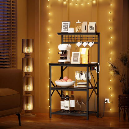 4-Tier Kitchen Bakers Rack with Power Outlet, Microwave Stand, 6 Hooks, Coffee Bar Table, Black