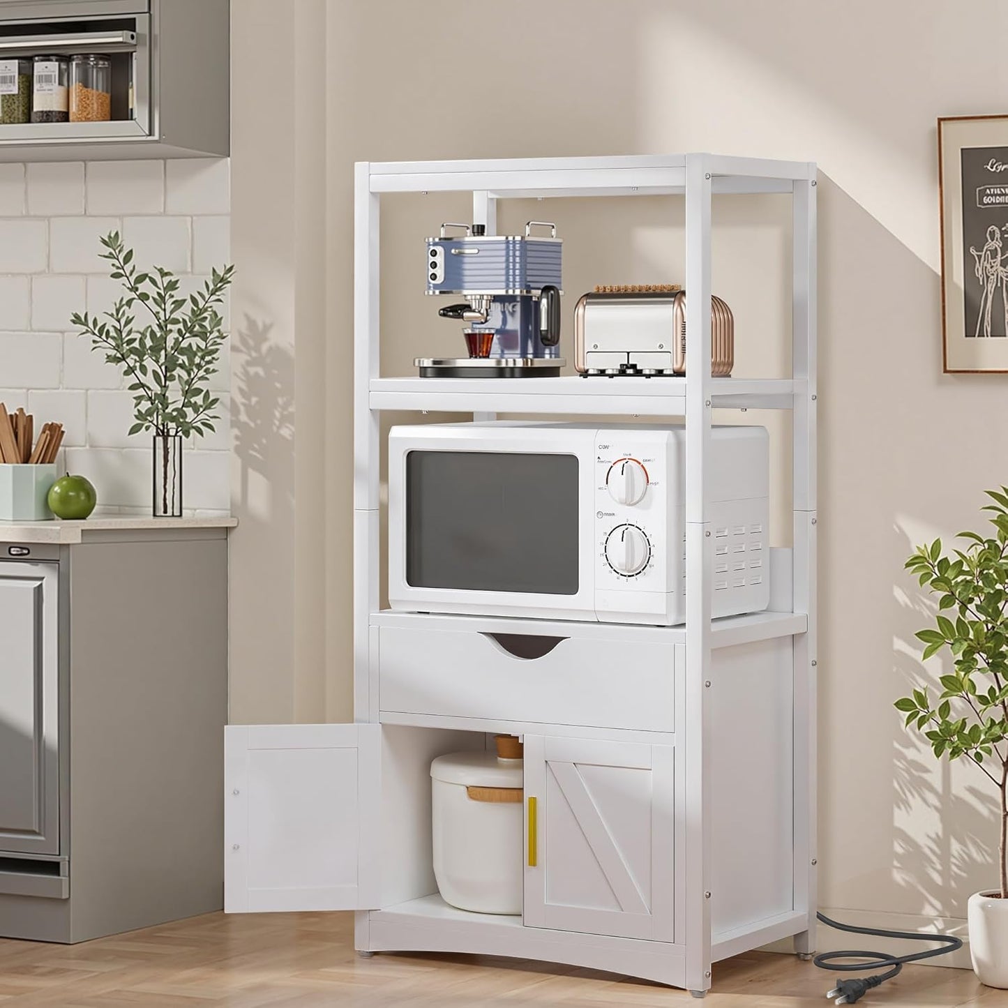4-Tier Bakers Rack with Power Outlet, Microwave Stand, Freestanding Kitchen Storage Rack, Coffee Bar, Rustic Brown