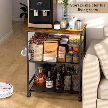 3-Tier Rolling Kitchen Microwave Cart with Storage, Utility Cart on Lockable Wheels, Coffee Cart Shelf Organizer for Living Room, Office, Balcony