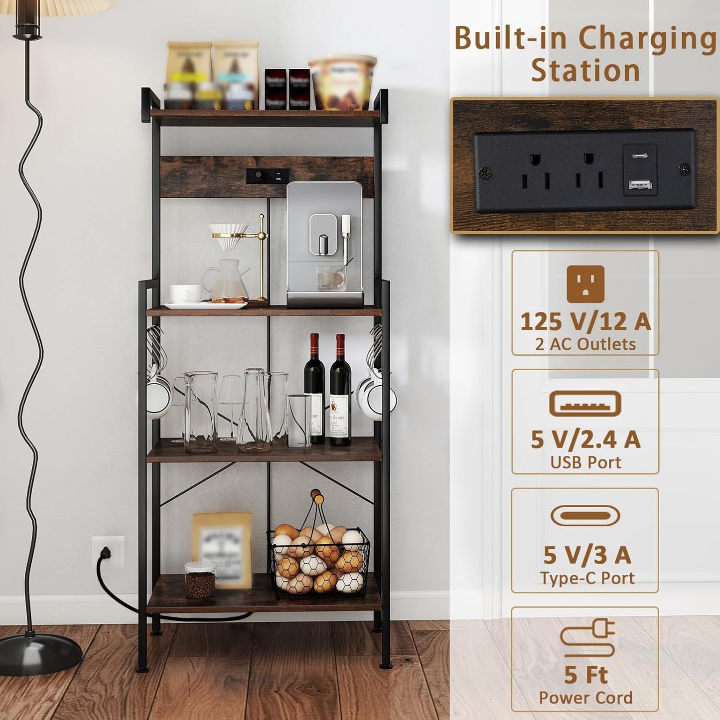 4-Tier Kitchen Bakers Rack with Power Outlets, USB Ports, 8 Hooks, Coffee Bar Table and Microwave Stand, Spice and Pot Storage, Home and Office