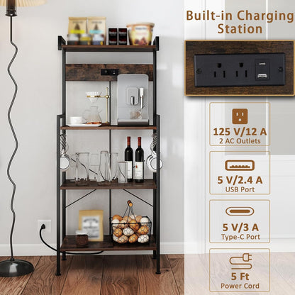 4-Tier Kitchen Bakers Rack with Power Outlets, USB Ports, 8 Hooks, Coffee Bar Table and Microwave Stand, Spice and Pot Storage, Home and Office