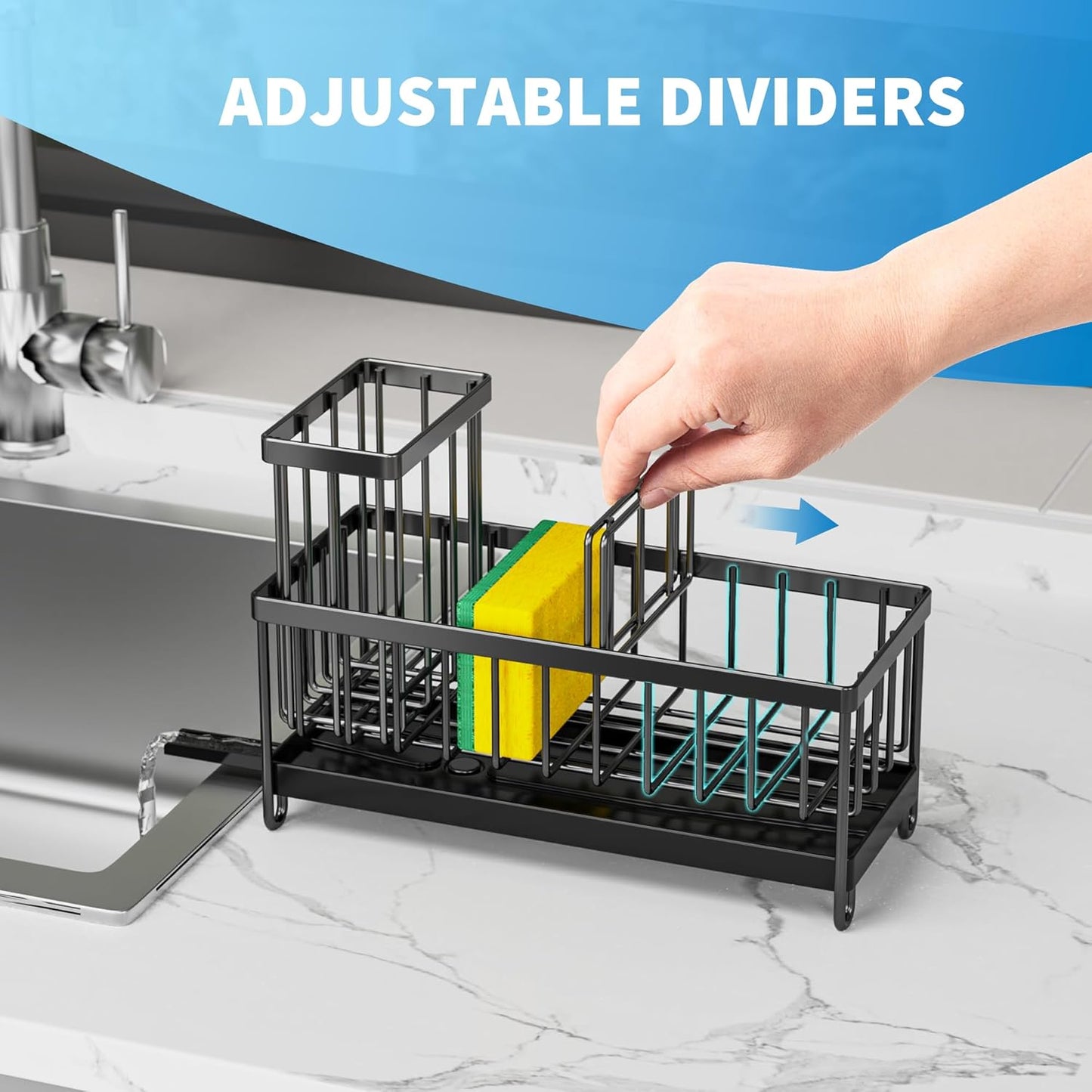Black Kitchen Sink Sponge Holder Caddy, Rustproof 304 Stainless Steel with Brush & Soap Organizer
