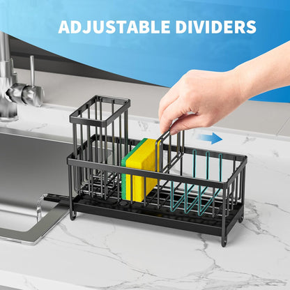 Black Kitchen Sink Sponge Holder Caddy, Rustproof 304 Stainless Steel with Brush & Soap Organizer