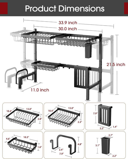 Over-the-Sink 2-Tier Dish Drying Rack, Adjustable Stainless Steel Drainer with Cutlery Holders, 30-33.9x11x21.5", Black