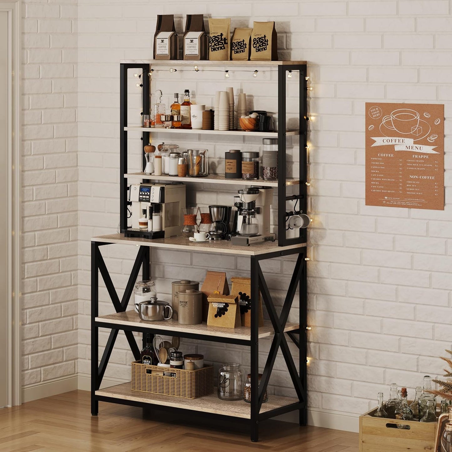 6-Tier Kitchen Bakers Rack, 31.5-Inch Coffee Bar Table, Farmhouse Microwave Stand, Corner Organizer Shelf for Spices and Pots, Grey