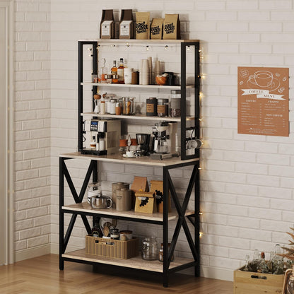 6-Tier Kitchen Bakers Rack, 31.5-Inch Coffee Bar Table, Farmhouse Microwave Stand, Corner Organizer Shelf for Spices and Pots, Grey