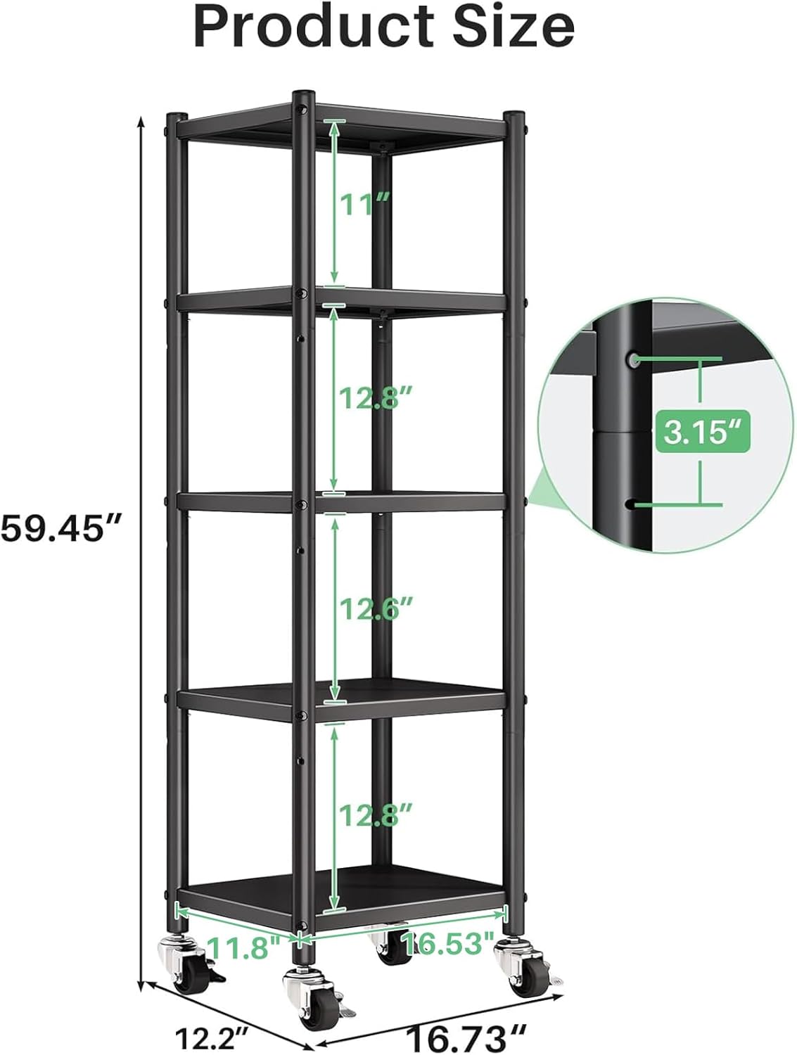 5-Tier Adjustable Kitchen Storage Shelves with Rolling Wheels, Metal Rack Organizer for Pantry, Bedroom, Laundry, Closet