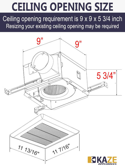 Bathroom Ventilation Exhaust Fan, 100CFM, 0.8 Sone, No Attic Access Required