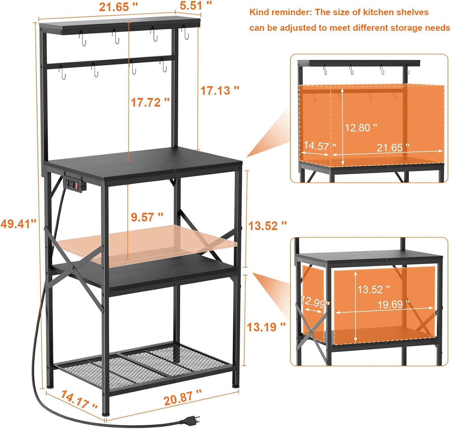 4-Tier Kitchen Bakers Rack with Power Outlet, Coffee Bar Table, Microwave Stand, 8 Hooks, Coffee Station Organizer, Spice and Pot Storage, Black