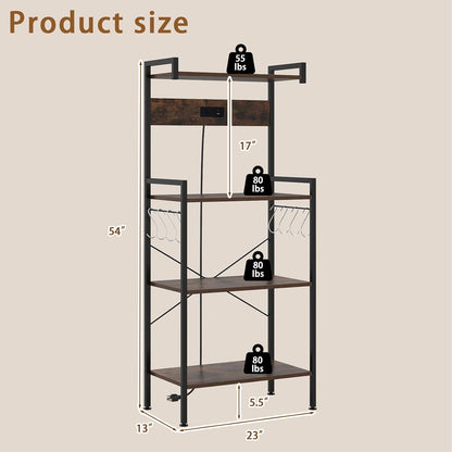 4-Tier Kitchen Bakers Rack with Power Outlets, USB Ports, 8 Hooks, Coffee Bar Table and Microwave Stand, Spice and Pot Storage, Home and Office