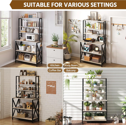 6-Tier Kitchen Bakers Rack, 31.5-Inch Coffee Bar Table, Farmhouse Microwave Stand, Corner Organizer Shelf for Spices and Pots, Grey