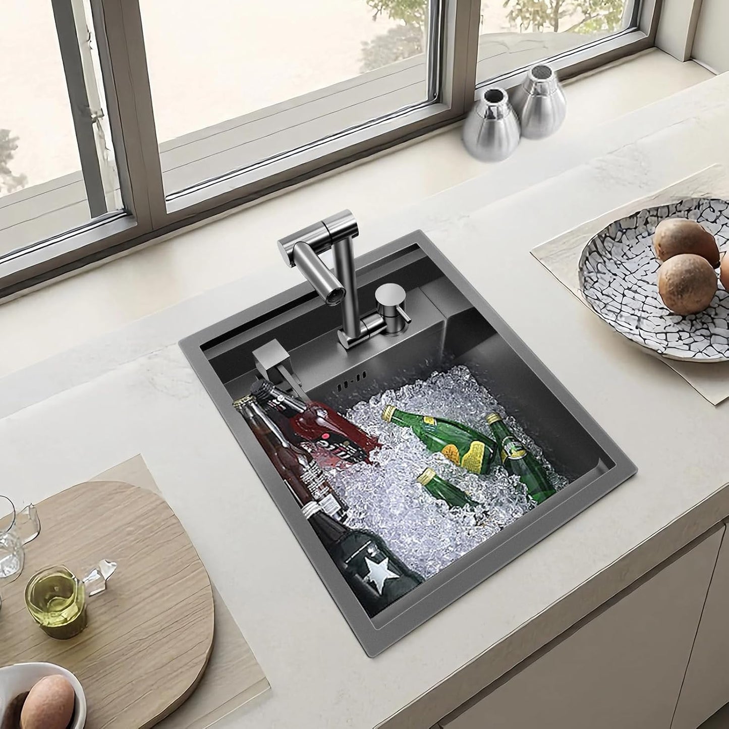 17.32x14.17x7.87-Inch Black Bar Kitchen Sink, Portable Single Bowl with Faucet and Stainless Steel Cover Plate