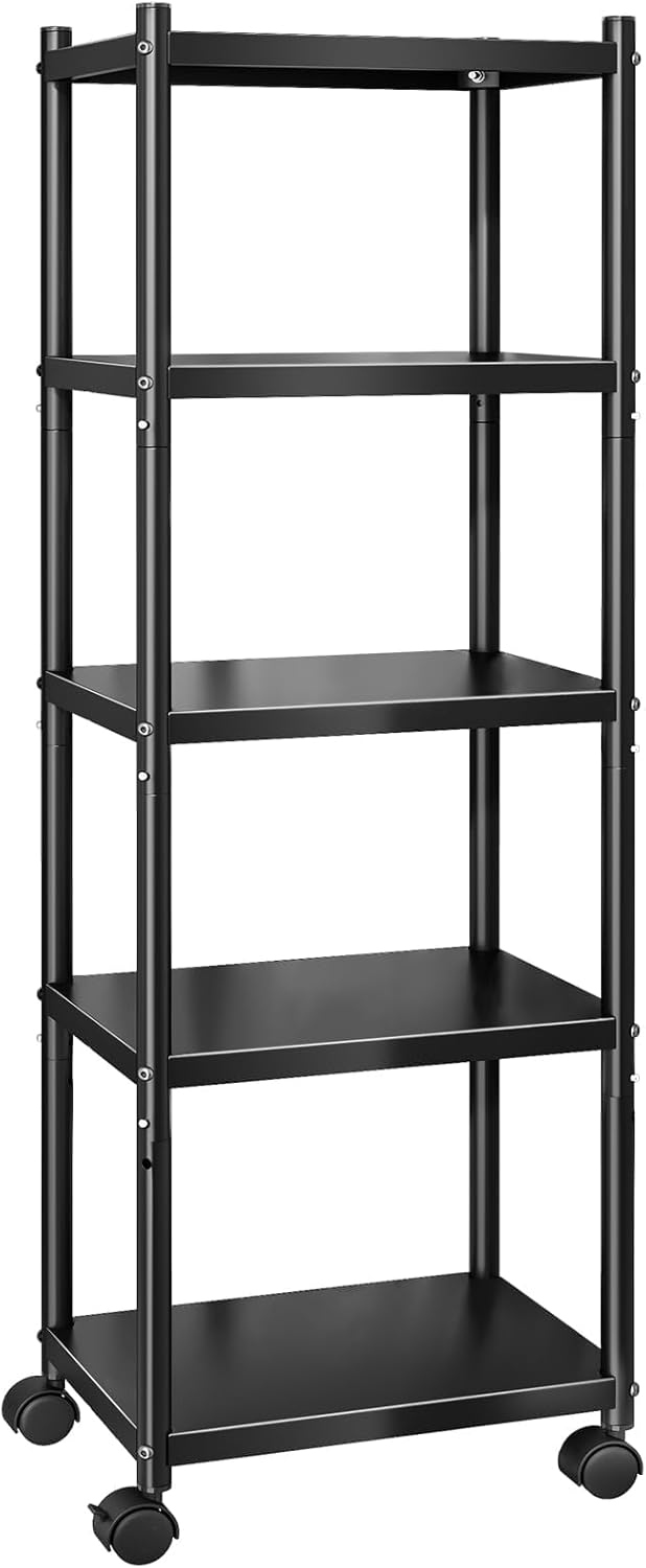 5-Tier Adjustable Kitchen Storage Shelves with Rolling Wheels, Metal Rack Organizer for Pantry, Bedroom, Laundry, Closet