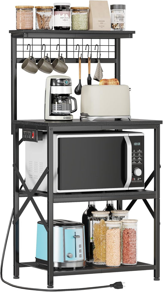 4-Tier Kitchen Bakers Rack with Power Outlet, Microwave Stand, 6 Hooks, Coffee Bar Table, Black