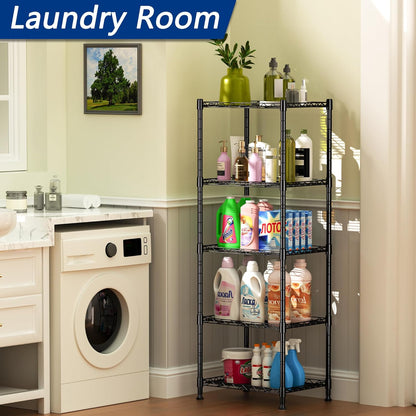 5-Wire Metal Shelving Rack with Adjustable Shelves, Standing Storage Unit for Laundry, Bathroom, Kitchen, Pantry, or Closet, 11.8" D x 16.6" W x 53.5" H, Black