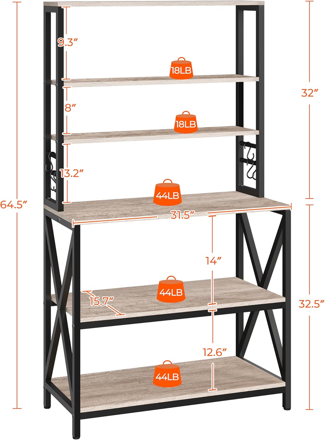 6-Tier Kitchen Bakers Rack, 31.5-Inch Coffee Bar Table, Farmhouse Microwave Stand, Corner Organizer Shelf for Spices and Pots, Grey
