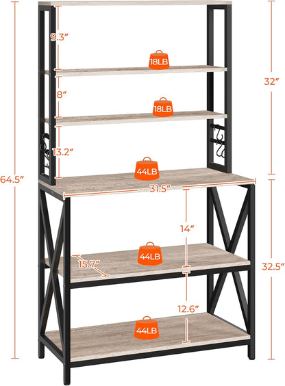 6-Tier Kitchen Bakers Rack, 31.5-Inch Coffee Bar Table, Farmhouse Microwave Stand, Corner Organizer Shelf for Spices and Pots, Grey