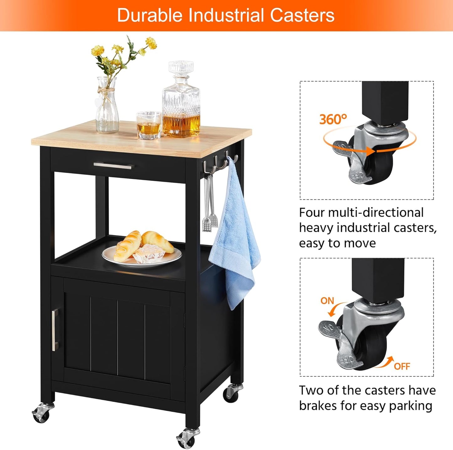 Small Kitchen Island on Wheels with Wood Top and Drawer, Trolley Cart with Open Shelf and Storage Cabinet, 22x18x35 Inches, Black