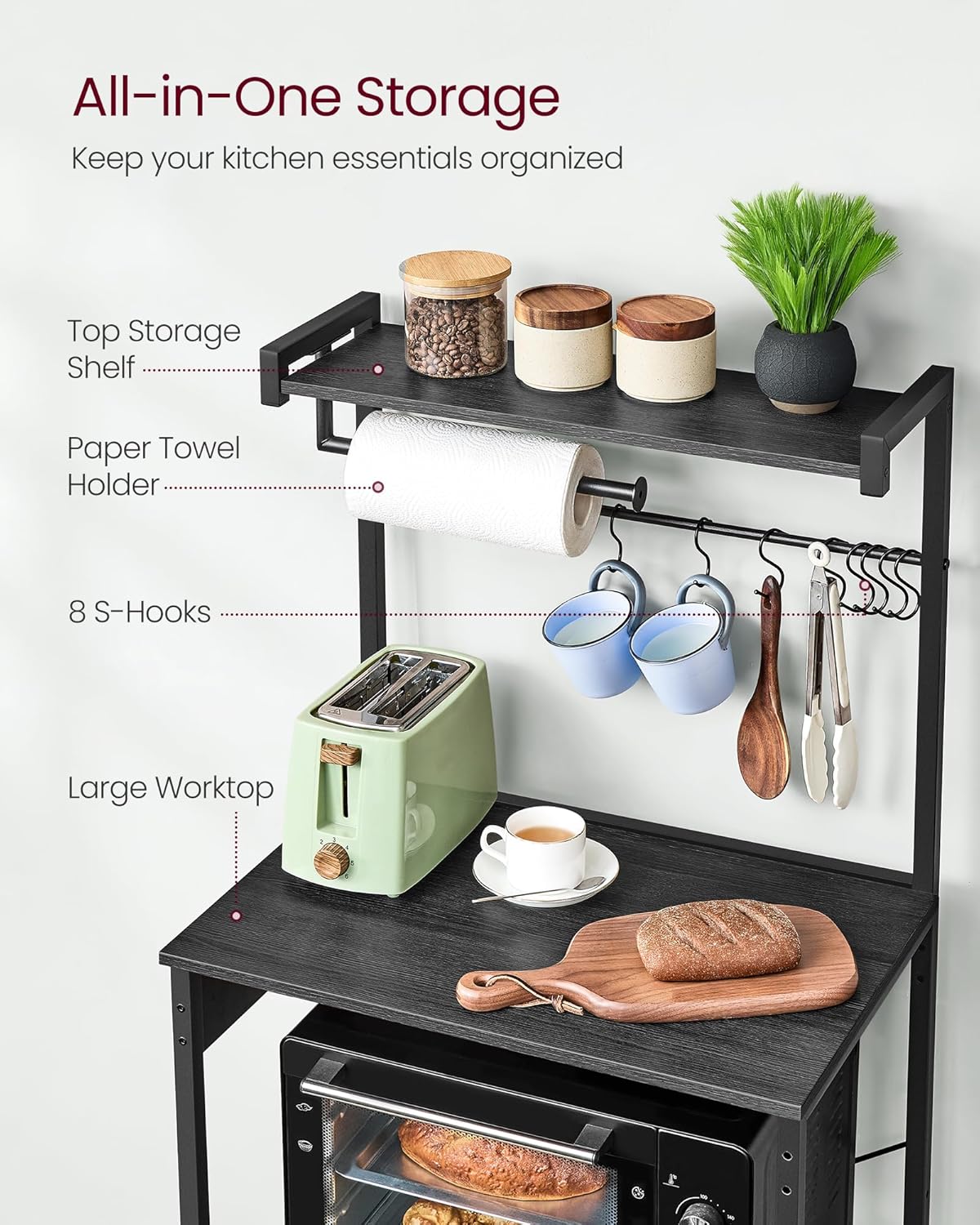 4-Tier Kitchen Bakers Rack with Power Outlet, Coffee Bar, Microwave Stand, Adjustable Shelf, 8 Hooks, Small Space Storage, Charcoal Gray and Ink Black