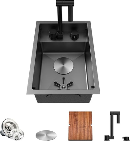 12x17-Inch Undermount Bar RV Kitchen Sink, Premium Stainless Steel with Hideaway Faucet and Cup Rinser, Dark Grey