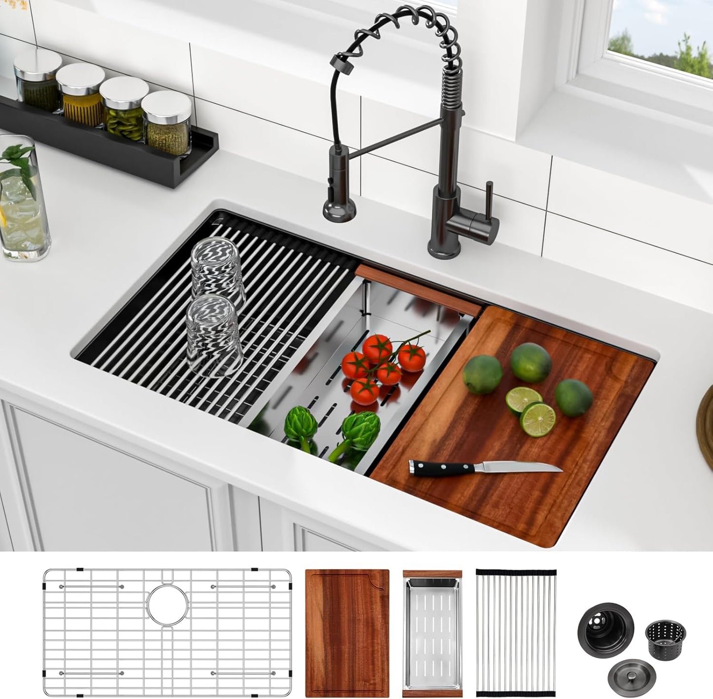 33x19-Inch Black Stainless Steel Undermount Kitchen Sink, Single Bowl Workstation, 16-Gauge T304, Nano-PVD, Round Corners