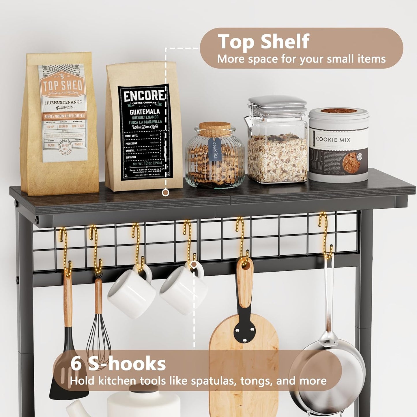 4-Tier Kitchen Bakers Rack with Power Outlet, Microwave Stand, 6 Hooks, Coffee Bar Table, Black
