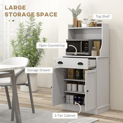 Microwave Cabinet with Storage Drawer, Double Door and Adjustable Shelf, Buffet Hutch with Cable Hole, Kitchen, Dining, Living Room, White