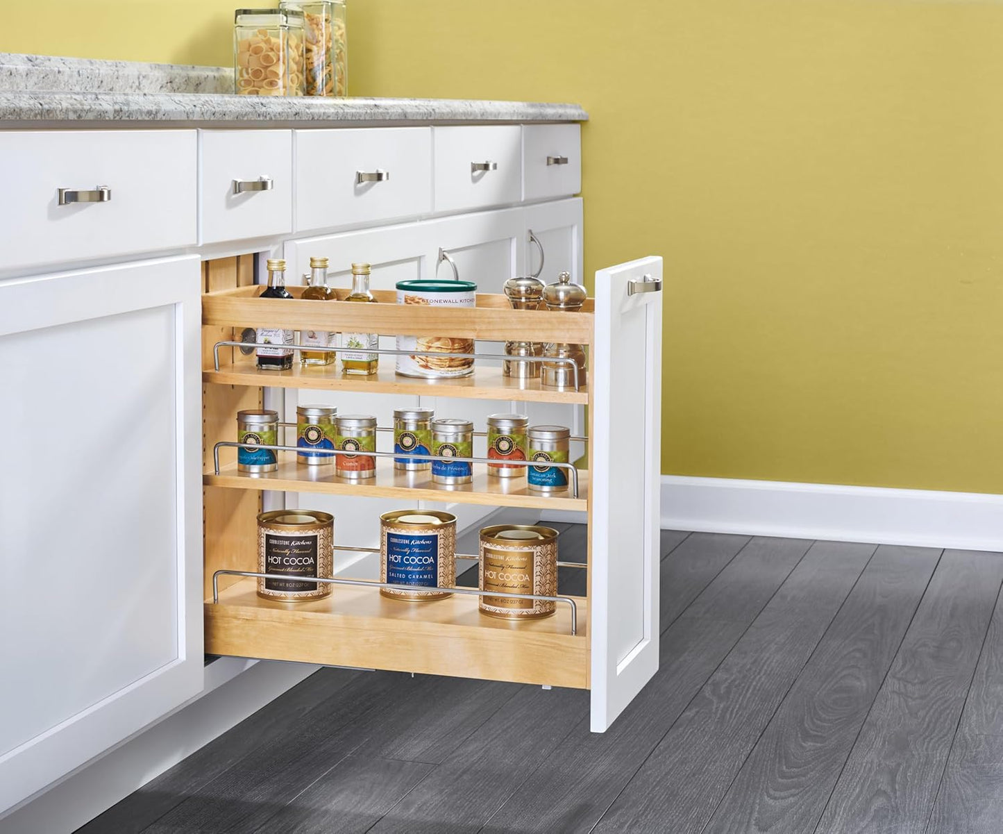 Rev-A-Shelf 5" Pull-Out Base Cabinet Storage Organizer, Wooden Spice Rack & Pantry Shelves with Soft-Close Slides, Model 448-BDDSC-5C