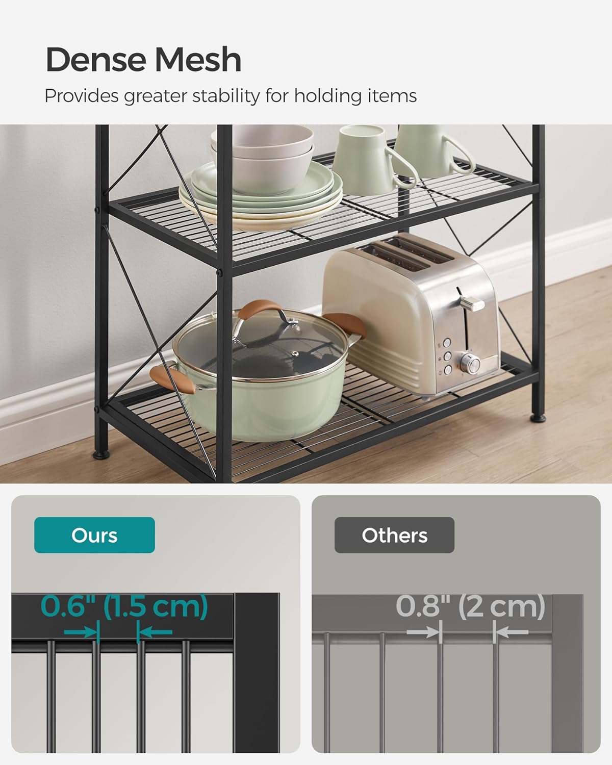 4-Tier Metal Storage Rack with X Side Frames, Dense Mesh, 12.6x23.6x44.3", Industrial Ink Black