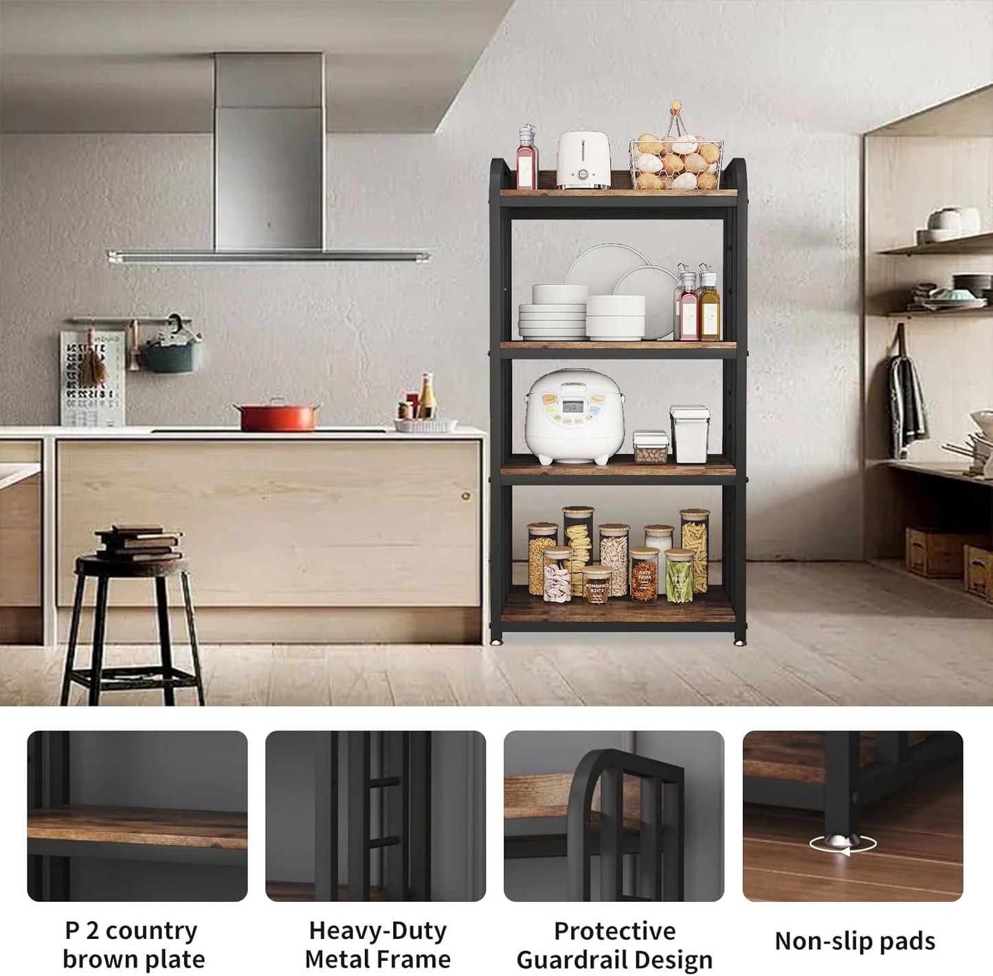 4-Tier Free-Standing Microwave Oven Stand with Storage, Coffee Bar, Adjustable Kitchen Shelves, Bakers Rack, Brown
