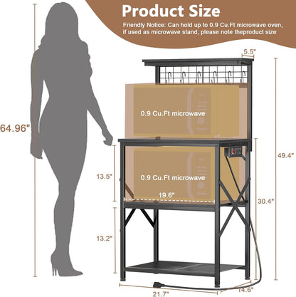 4-Tier Kitchen Bakers Rack with Power Outlet, Microwave Stand, 6 Hooks, Coffee Bar Table, Black