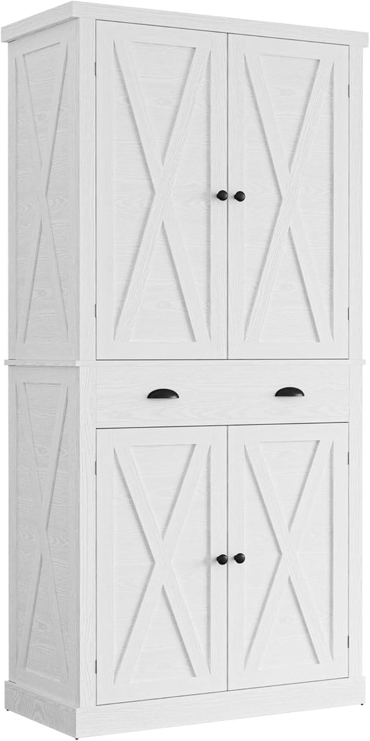 72.6" White Kitchen Pantry Cabinet with Barn Doors, Drawer, 4 Adjustable Shelves, Freestanding Cupboard for Laundry