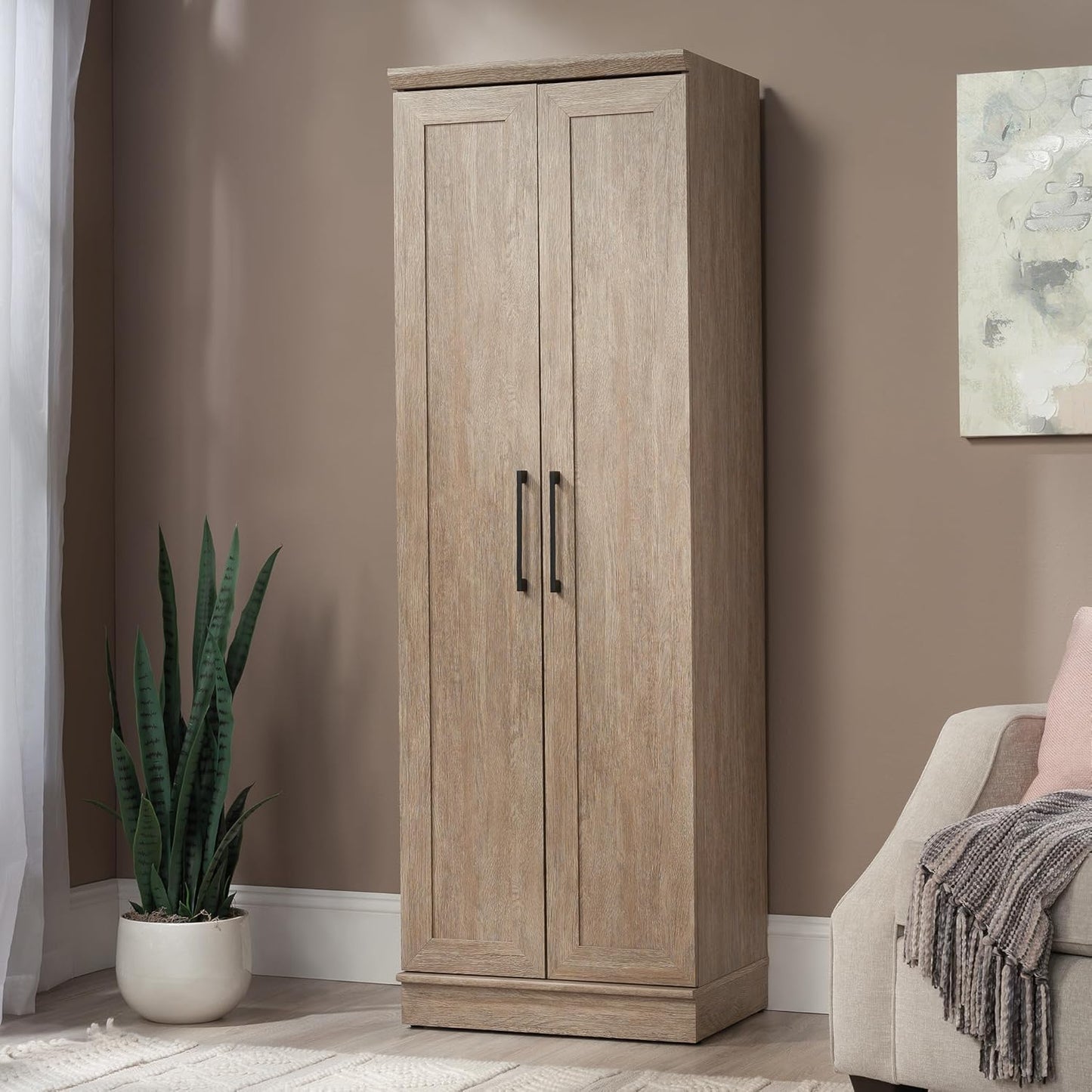Kitchen Pantry Storage Cabinet with Adjustable Shelves, Brushed Oak Finish for Laundry and Bathroom