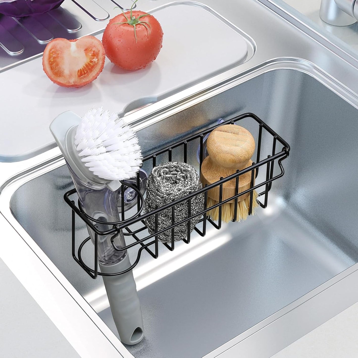 3-in-1 Kitchen Sink Sponge Holder, Hanging Caddy Organizer Rack for Sponge, Dish Cloth, Brush, Scrubber, 304 Stainless Steel, Black, Suction Cup & Adhesive Hook Options