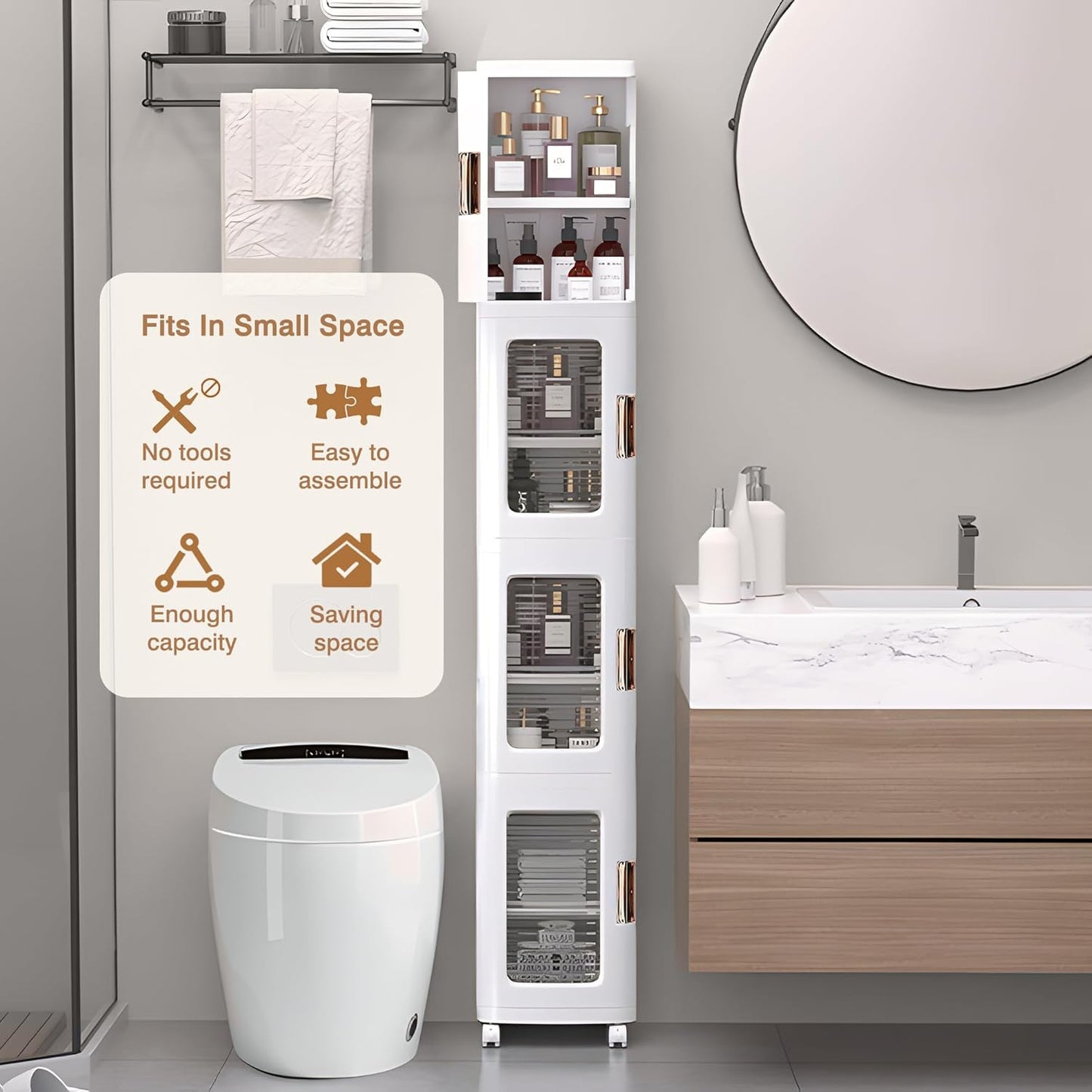 4-Tier White Plastic Tall Storage Cabinet with Wheels, Adjustable Shelves, Magnetic Doors for Bathroom, Kitchen, Laundry