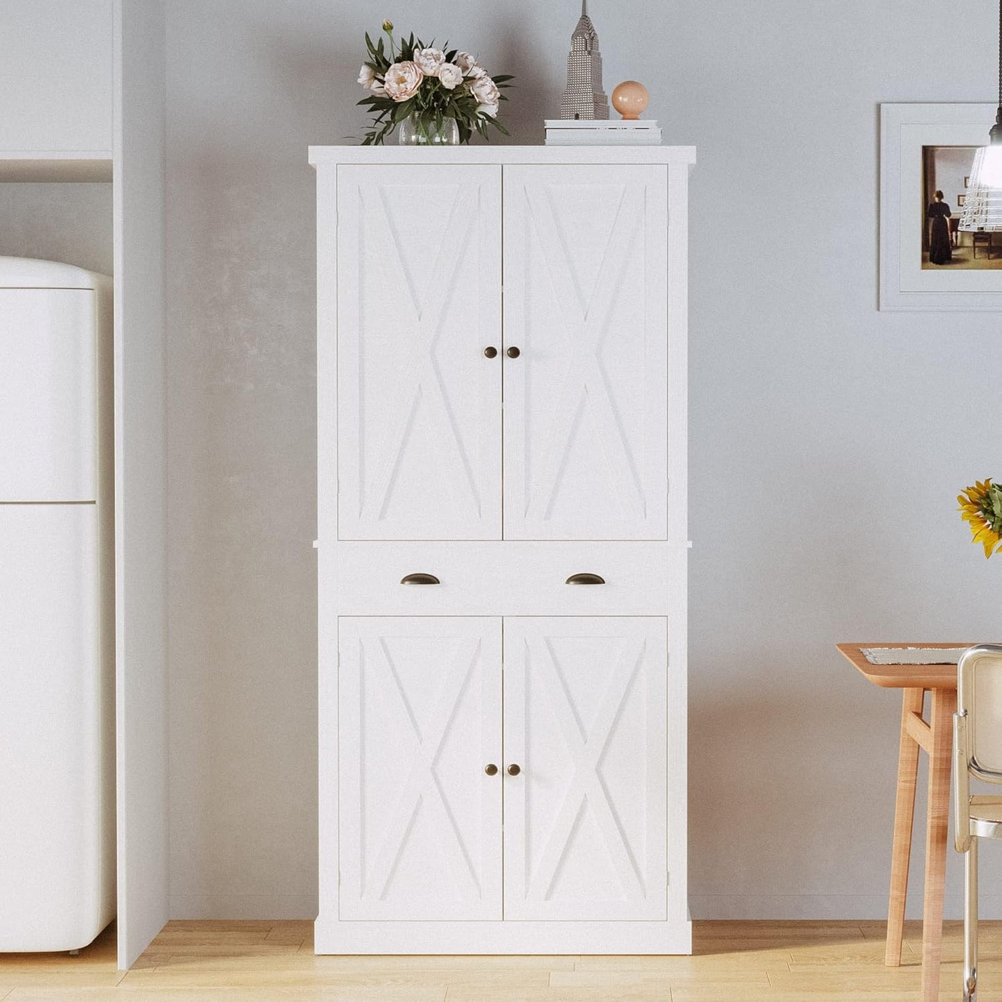 72.6" White Kitchen Pantry Cabinet with Barn Doors, Drawer, 4 Adjustable Shelves, Freestanding Cupboard for Laundry