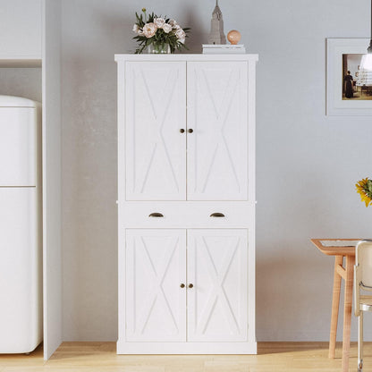 72.6" White Kitchen Pantry Cabinet with Barn Doors, Drawer, 4 Adjustable Shelves, Freestanding Cupboard for Laundry
