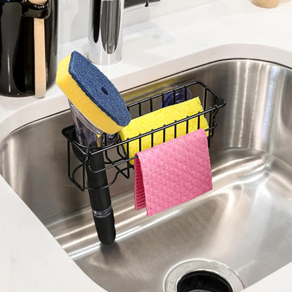 3-in-1 Kitchen Sink Sponge Holder, Hanging Caddy Organizer Rack for Sponge, Dish Cloth, Brush, Scrubber, 304 Stainless Steel, Black, Suction Cup & Adhesive Hook Options