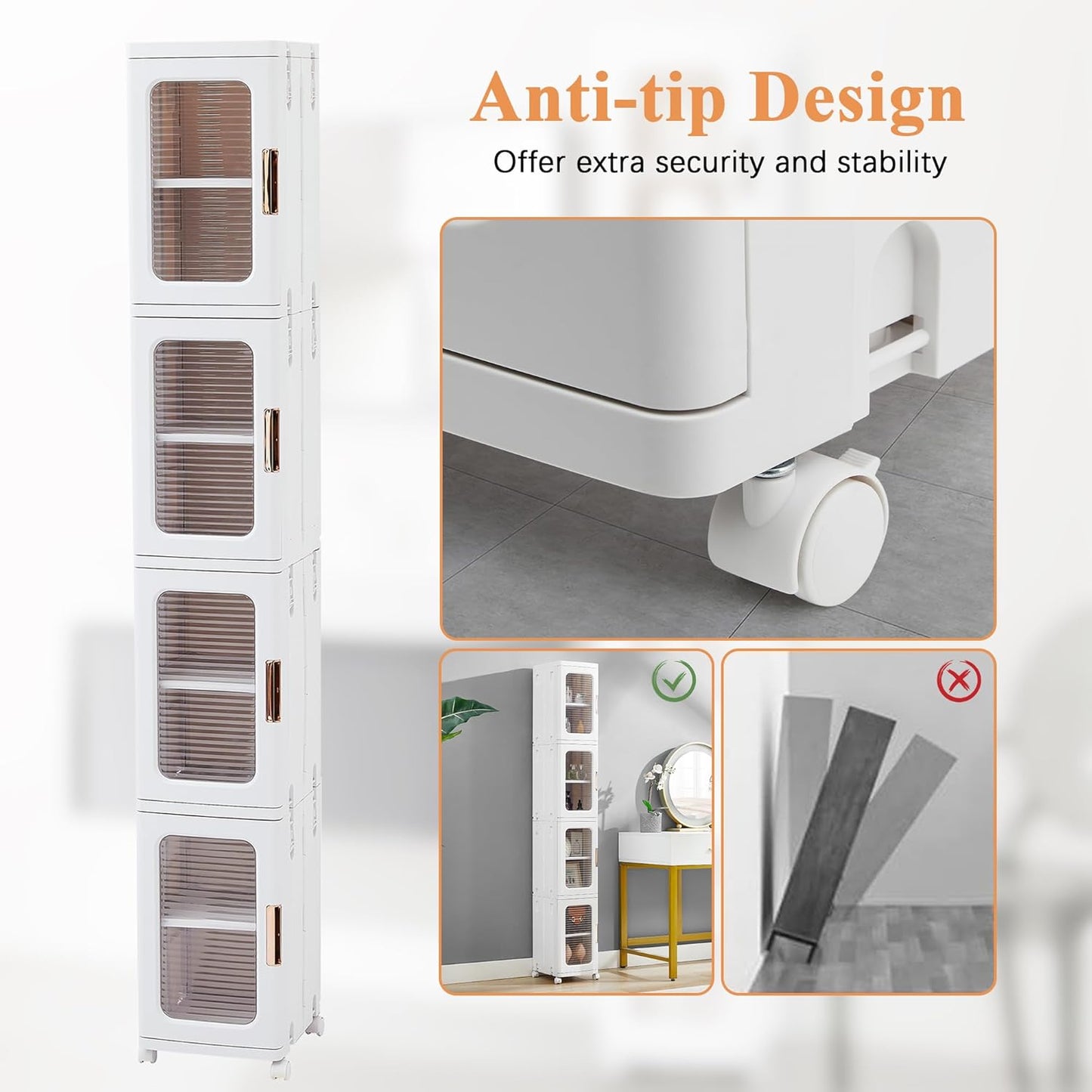 4-Tier White Plastic Tall Storage Cabinet with Wheels, Adjustable Shelves, Magnetic Doors for Bathroom, Kitchen, Laundry