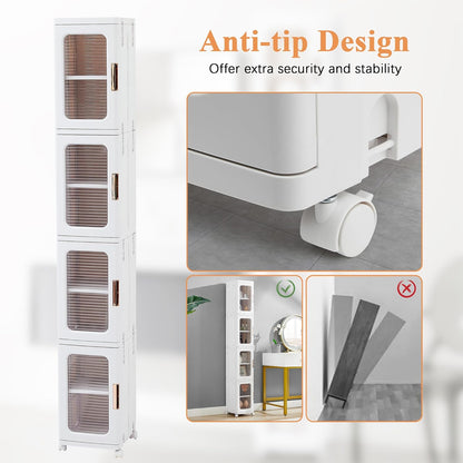 4-Tier White Plastic Tall Storage Cabinet with Wheels, Adjustable Shelves, Magnetic Doors for Bathroom, Kitchen, Laundry
