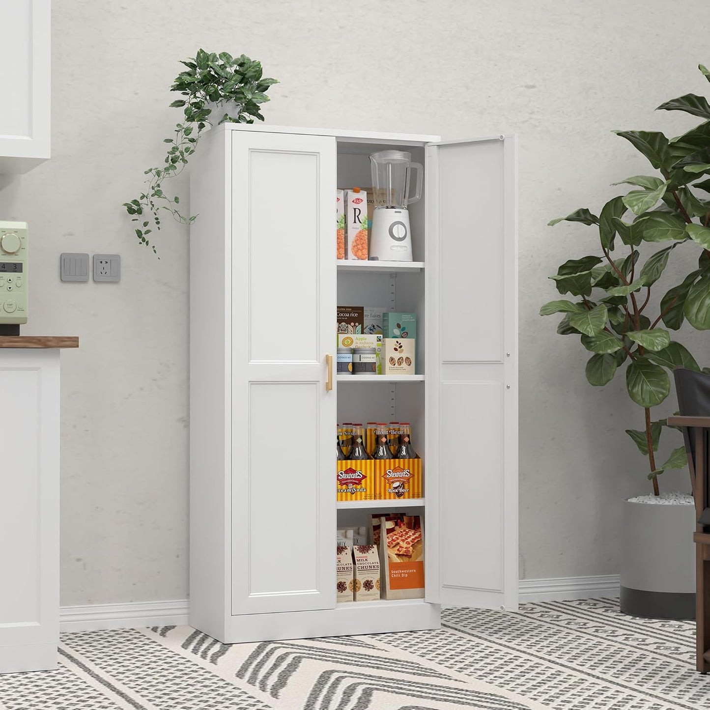 60" White Metal Pantry Cabinet with 2 Doors, Gold Handles, Adjustable Shelves, Freestanding Kitchen and Living Room Storage